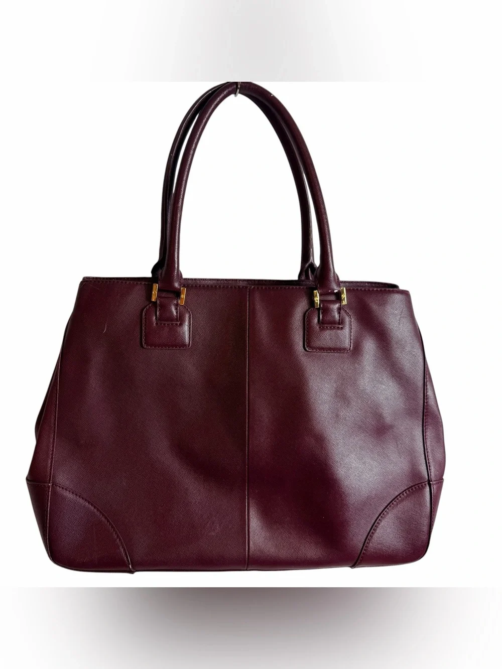 Tory Burch Burgundy Pebbled Leather Tote Gold Hardware Zip Top Bag